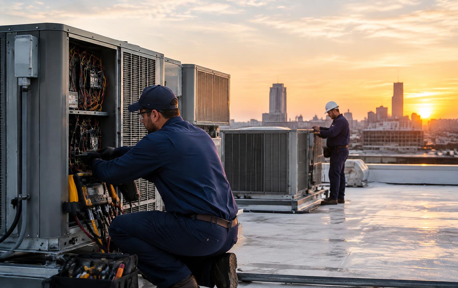 BH technicians servicing rooftop HVAC units