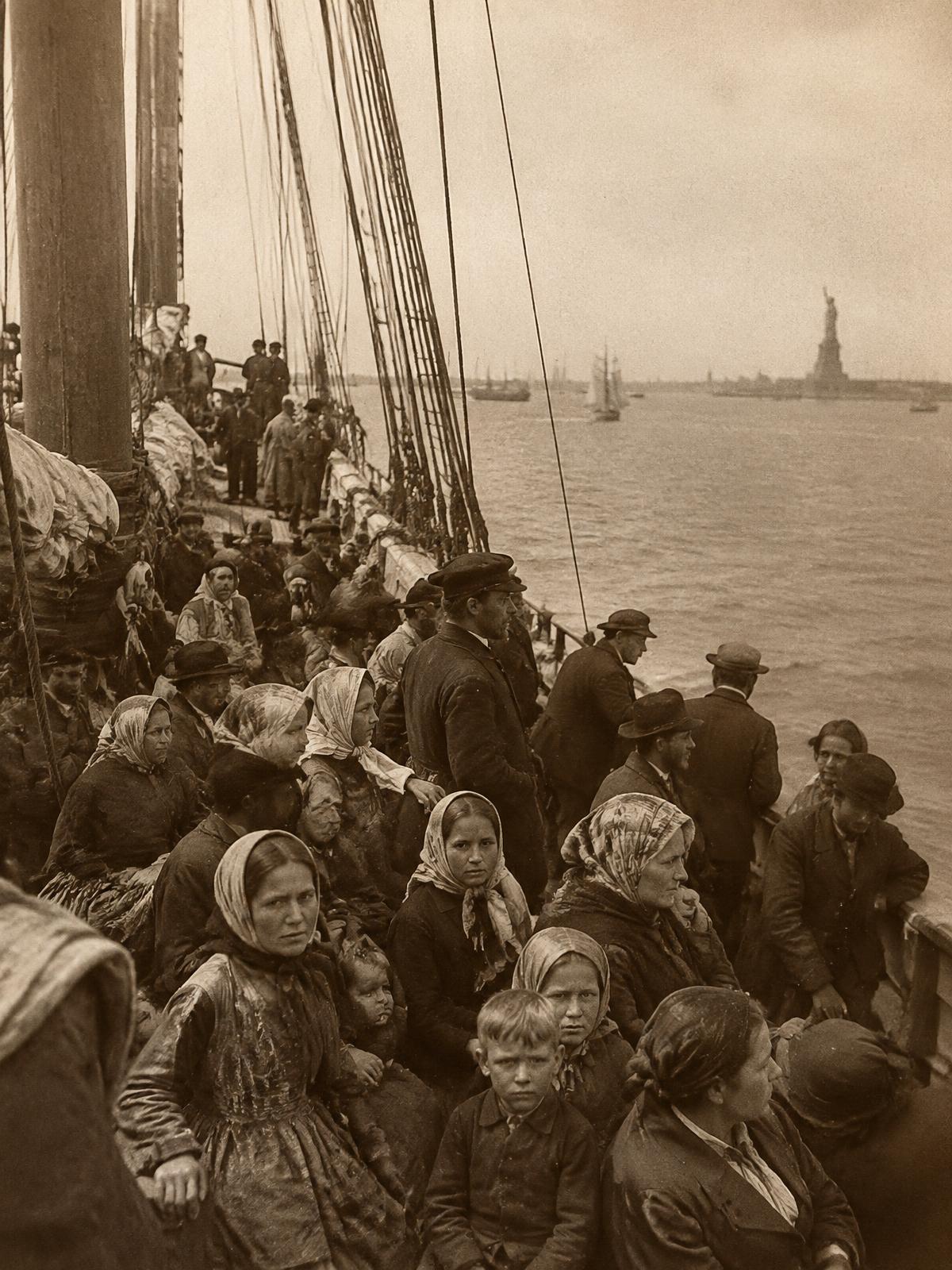 German emigrants on the deck of a sailing ship arriving in New York harbor