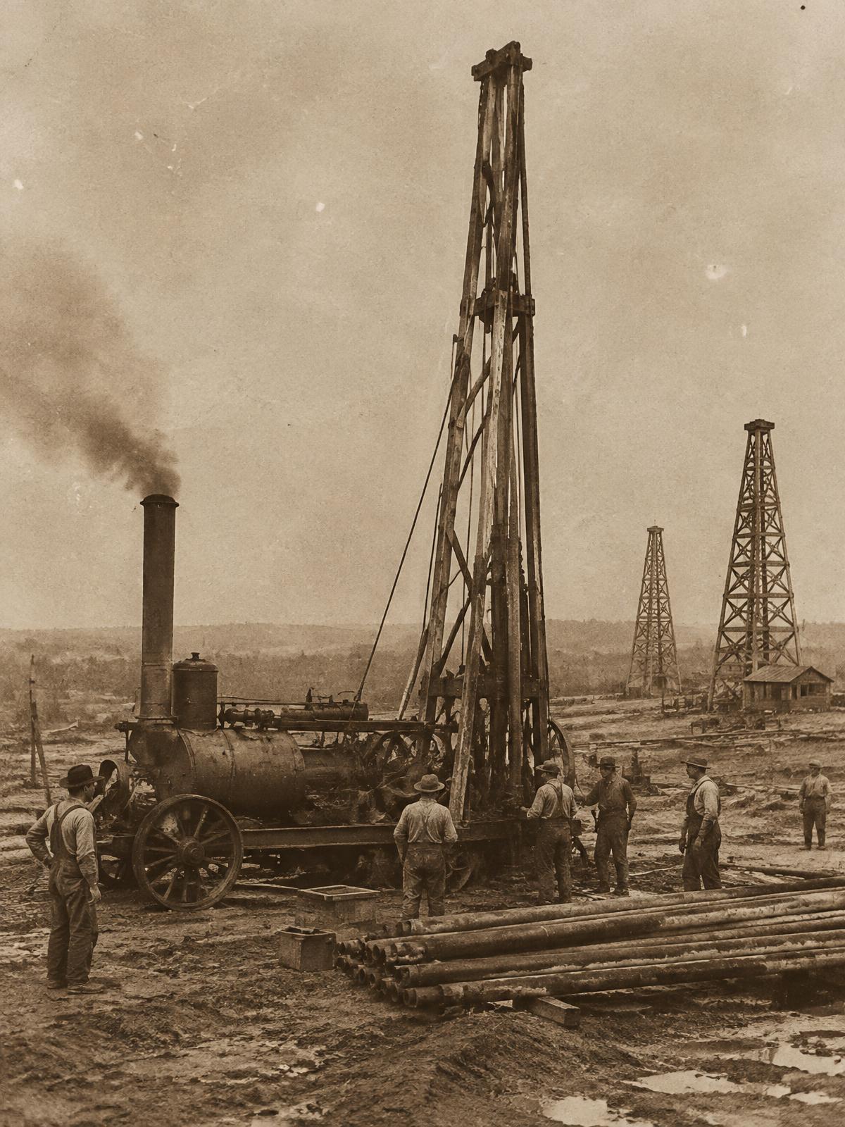 A portable steam drilling rig in an early oil field